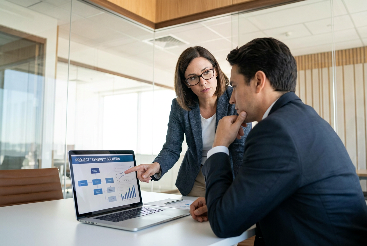 Consultor experto presentando una solución técnica a un ejecutivo en un entorno corporativo, representando el modelo de asesor experto.
