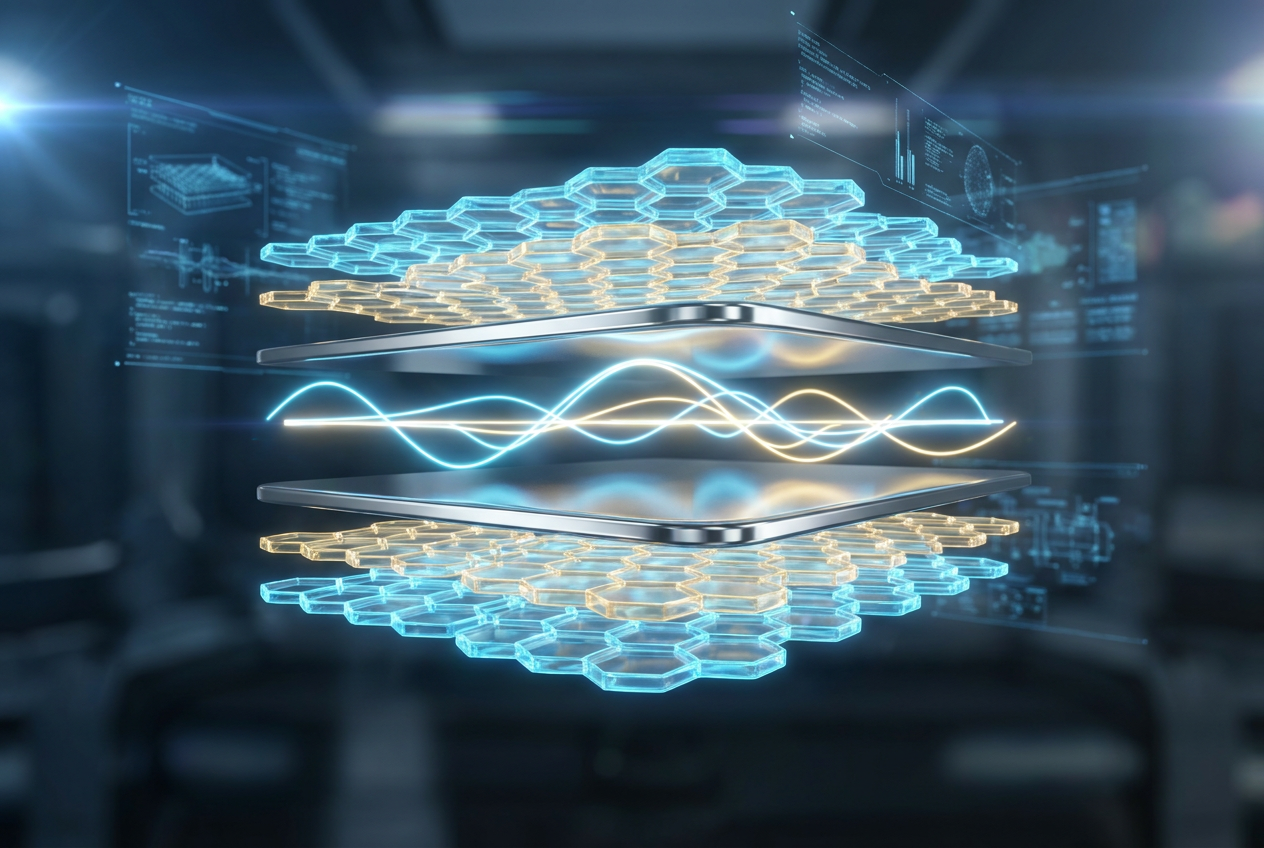 Representación conceptual 3D de una batería cuántica con capas orgánicas y ondas de energía sincronizadas.