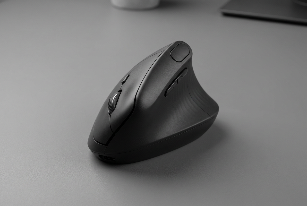 Ratón vertical ergonómico para zurdos en color negro mate, vista en ángulo de 45 grados para resaltar la inclinación ergonómica sobre fondo neutro.