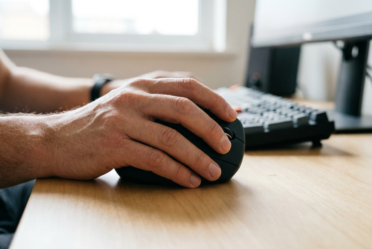 Primer plano de una mano izquierda utilizando un ratón vertical ergonómico en un escritorio de oficina moderno, mostrando la postura natural de apretón de manos.