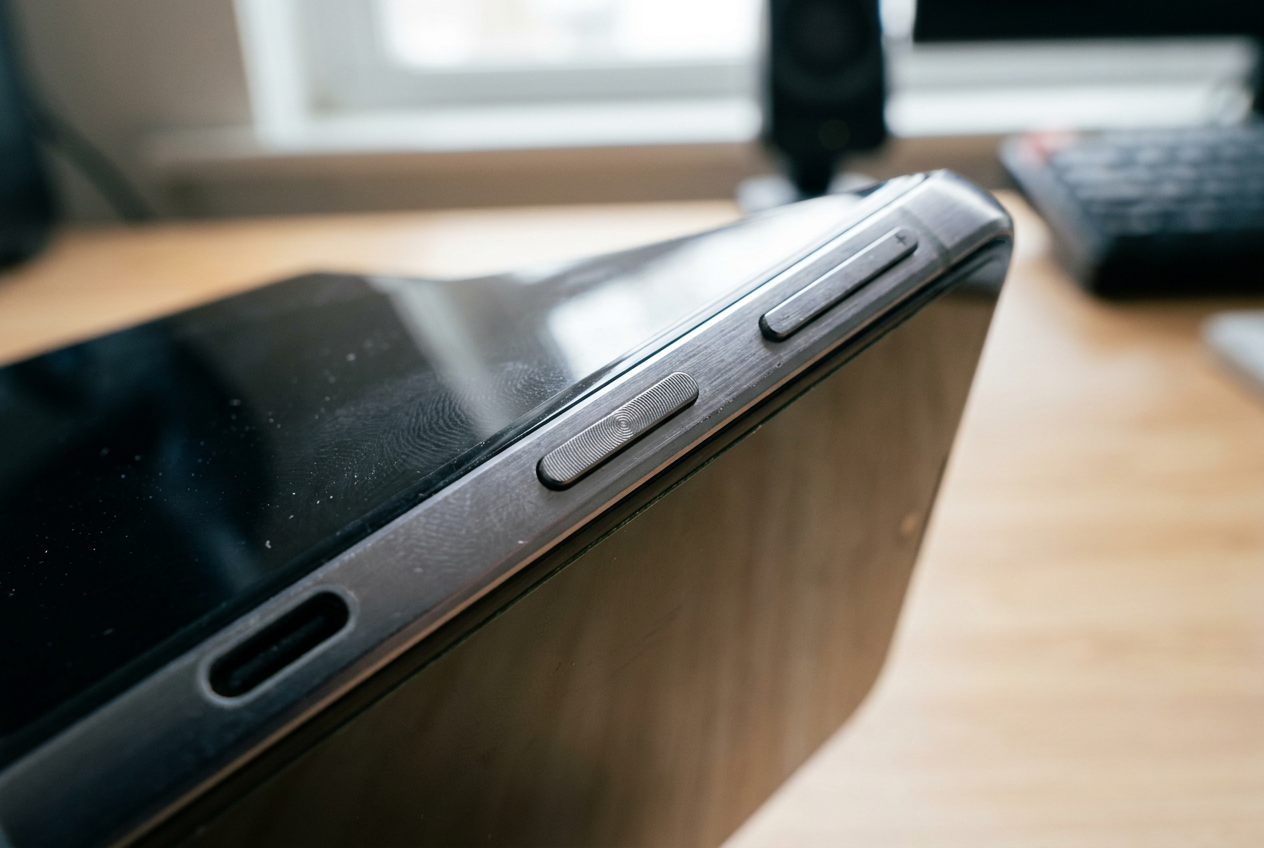 Fotografía ultra realista del lateral de un smartphone Android resaltando el botón de encendido y los botones de volumen.