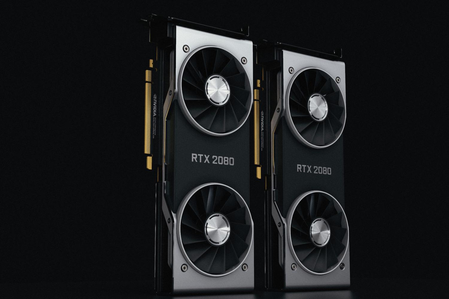 Dos tarjetas gráficas NVIDIA GeForce RTX 2080 en un plano profesional, simbolizando la potencia de procesamiento y los diferentes tipos de hardware.