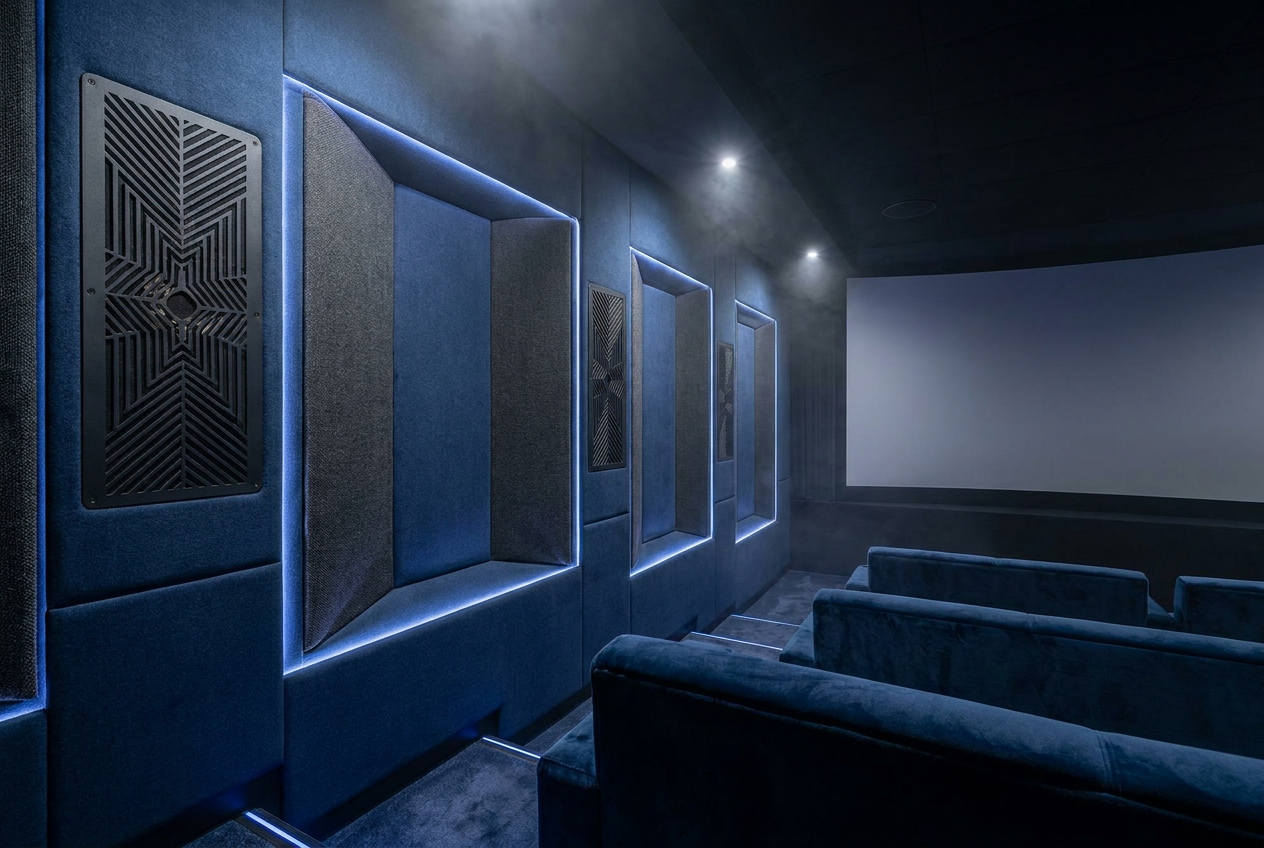 Sistema de sonido surround profesional integrado en una sala de cine premium, cumpliendo los requisitos de audio 7.1 o superior.