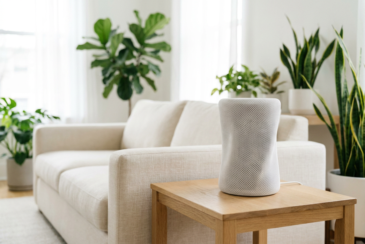 Fotografía de producto de un nodo WiFi Mesh blanco y minimalista situado sobre una mesa auxiliar de madera en un salón luminoso.