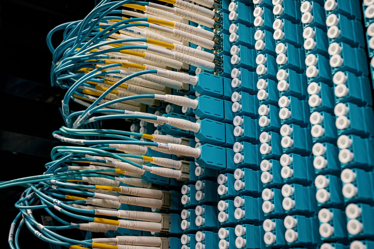 Cables de fibra óptica conectados a un panel, representando la conectividad y las redes neutras esenciales para la soberanía digital.