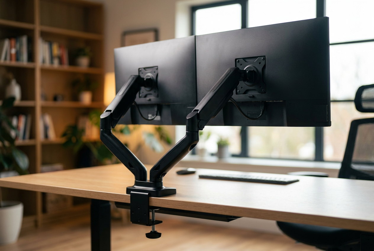 Soporte doble para monitores con sistema de abrazadera ajustable fijado al borde de la mesa