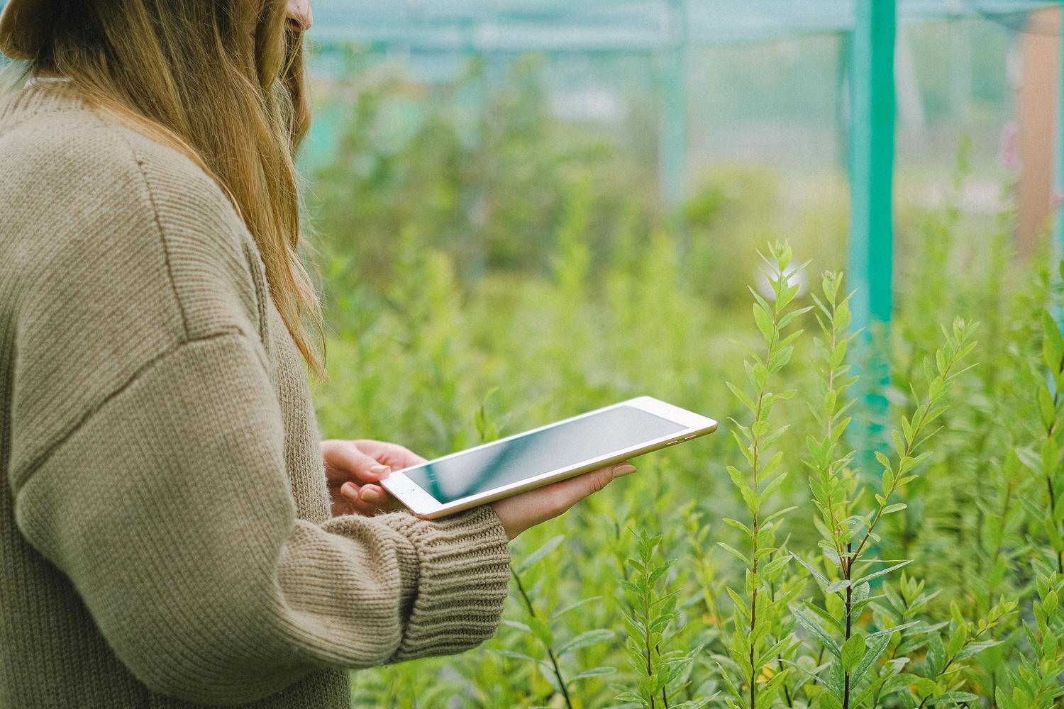 Joven agro-emprendedora gestionando la producción de un invernadero moderno mediante una tablet digital.