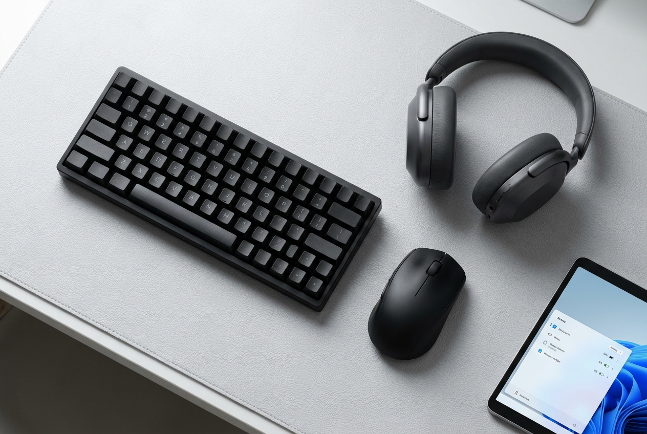 Configuración de escritorio moderna y profesional con periféricos inalámbricos (teclado, ratón y auriculares) y una representación del widget de batería de Windows 11 en una tablet.
