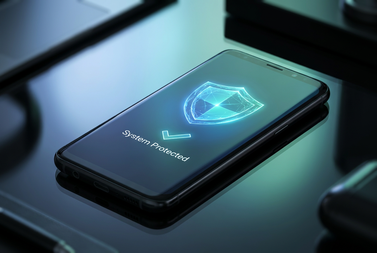 A sleek Android device displaying a glowing digital security shield with the text 'System Protected' on a dark background.