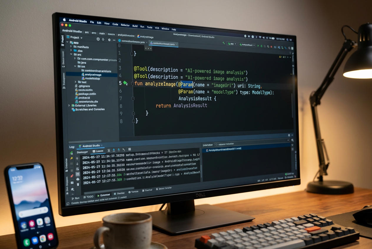 IDE de Android Studio en un monitor mostrando código Kotlin con anotaciones de herramientas de IA en un entorno de desarrollo moderno.