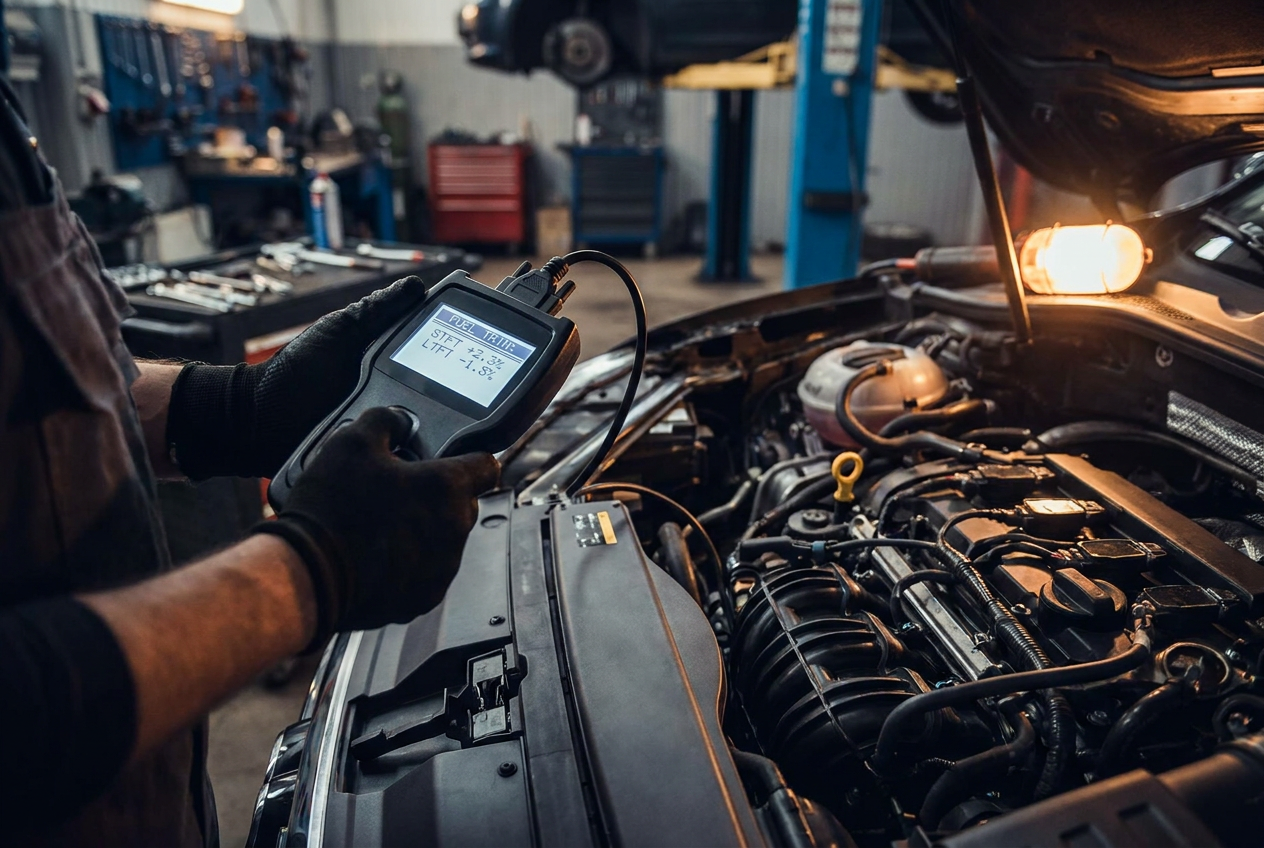 Mecánico utilizando un escáner de diagnóstico OBD2 en el motor de un coche para analizar los valores de corrección de combustible.
