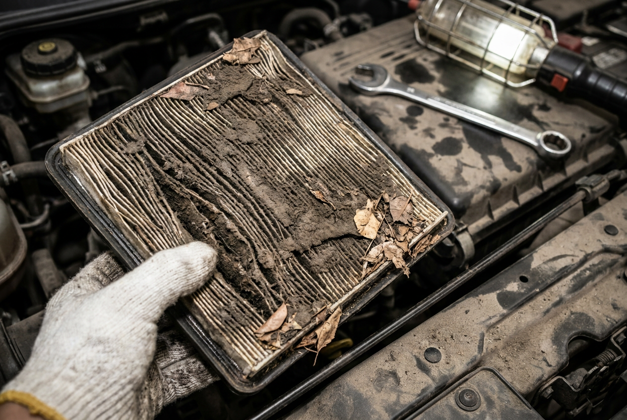 Detalle de un filtro de aire de coche obstruido y sucio, una de las causas principales de la carbonización de las bujías.