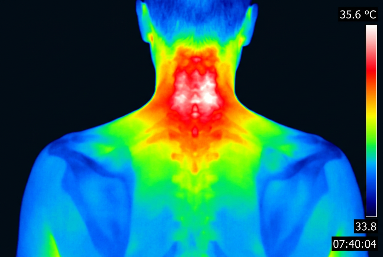 Termografía infrarroja médica de la zona cervical y espalda superior, utilizada para detectar hipertermia e inflamaciones traumatológicas.