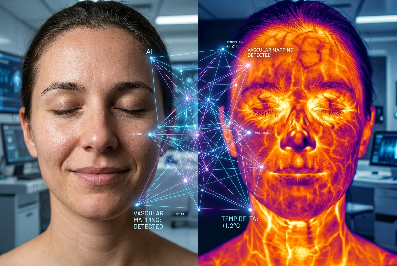Análisis avanzado de termovisión profunda mediante IA, comparando una imagen RGB facial con su correspondiente mapa térmico.