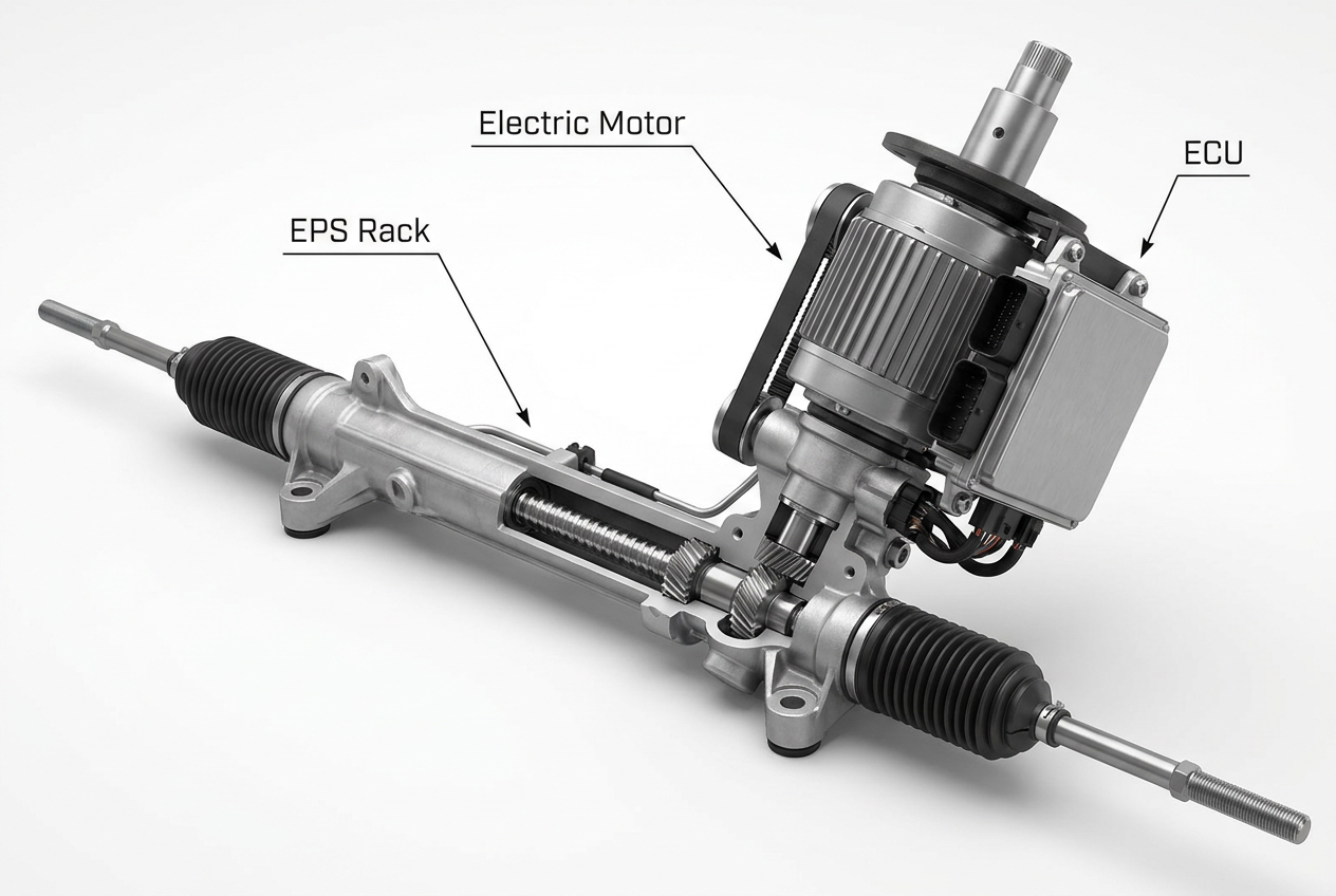 Render técnico en 3D de un sistema de dirección asistida eléctrica (EPS) detallando la cremallera, el motor eléctrico y la unidad de control electrónico (ECU).