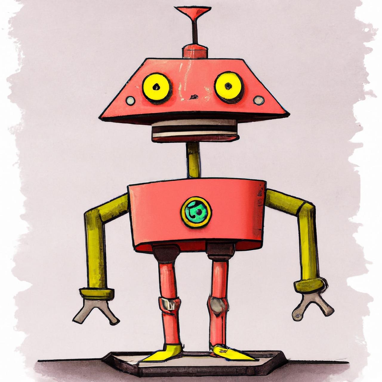 Ilustración de un robot con estilo retro-futurista y colores vibrantes, resaltando la versatilidad de estilos artísticos del generador de IA de Perchance.