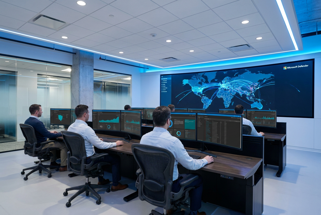 Centro de Operaciones de Seguridad (SOC) moderno y profesional con analistas supervisando paneles de Microsoft Defender en múltiples pantallas y un gran muro de video central con un mapa global de amenazas.