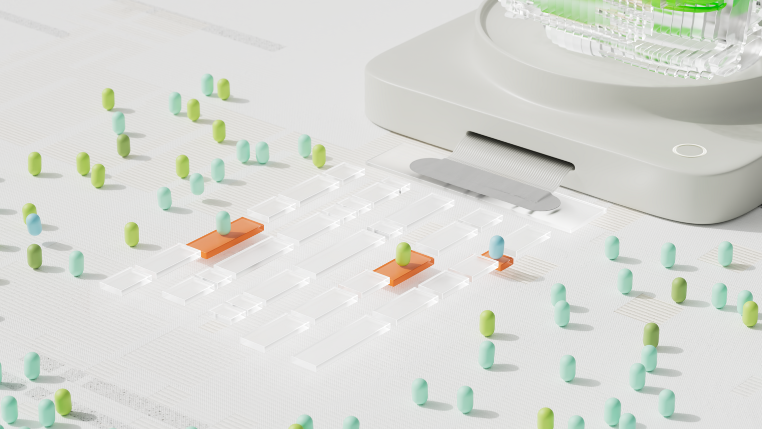 Representación abstracta en 3D de inteligencia artificial aplicada a la salud con elementos tecnológicos y clínicos.