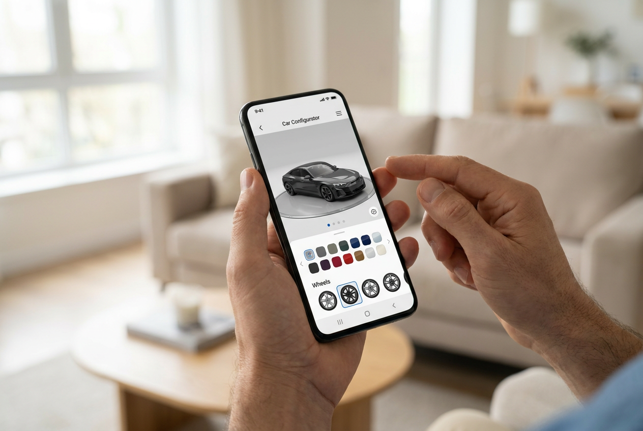 Persona utilizando un configurador de coches 3D en un smartphone desde su hogar, ilustrando el customer journey digital.