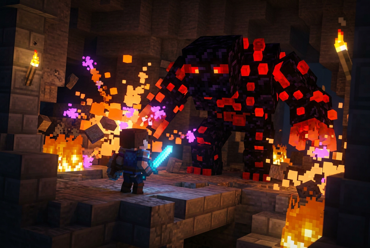 Batalla épica contra un jefe en una mazmorra de fantasía oscura en estilo voxel detallado.