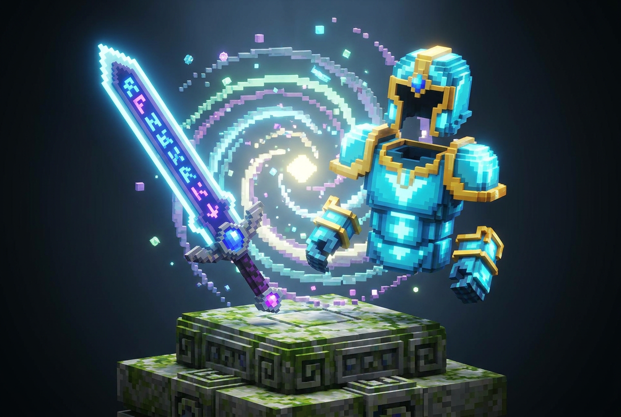 Equipo legendario de voxel art con una espada encantada y armadura brillante flotando sobre un pedestal.