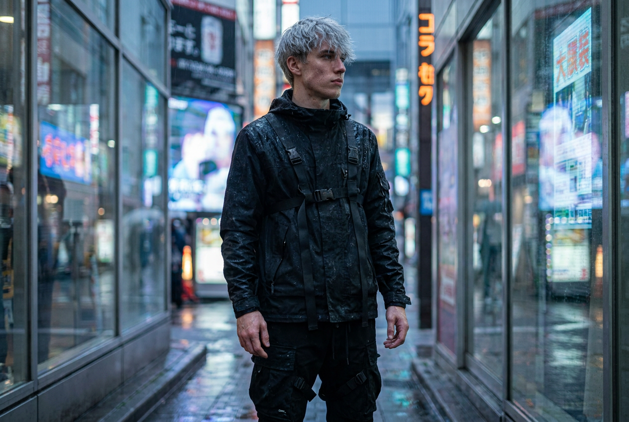 Joven hombre estilo anime realista con cabello plateado y ropa techwear en una ciudad futurista lluviosa.