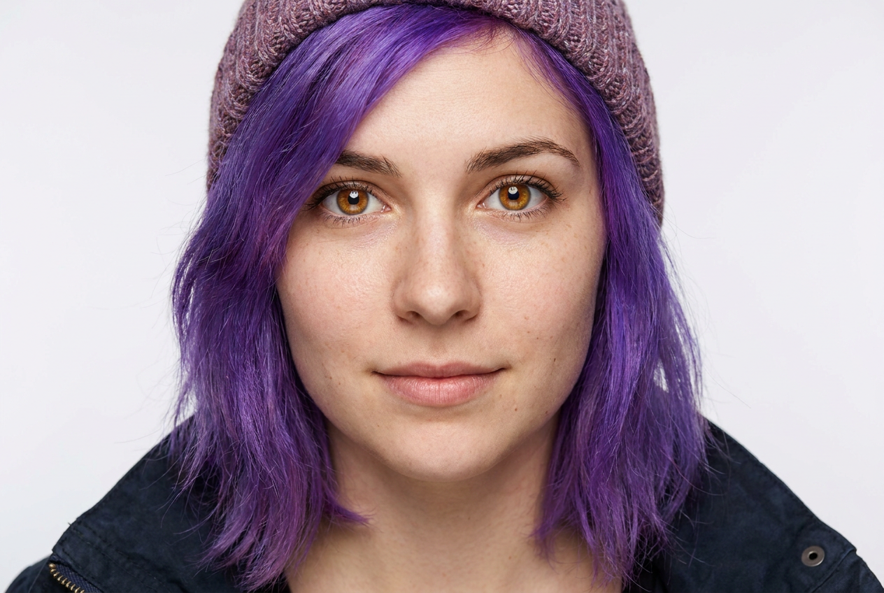 Retrato hiperrealista de una mujer joven como personaje de anime con cabello púrpura vibrante y piel natural.