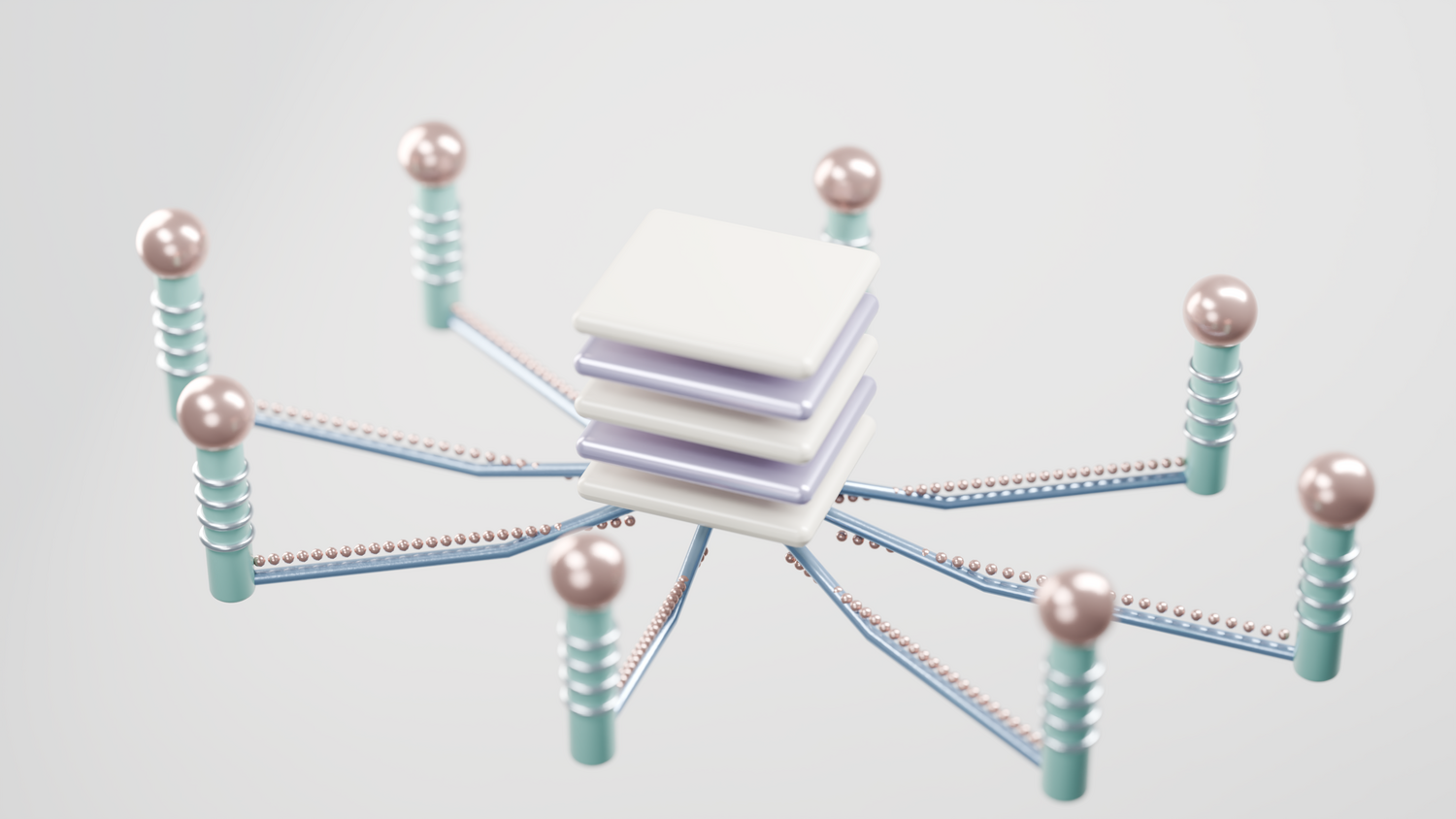 Representación abstracta en 3D de una estructura de red digital con nodos y conexiones, simbolizando la virtualización de las redes.