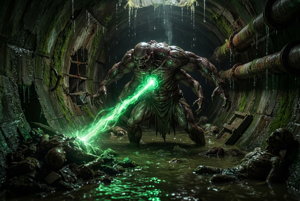 The Orphan in its second phase: a mutated, aggressive monster in a dark sewer firing a beam of green poison from its chest.