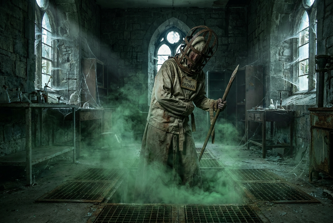 The Orphan in its first phase: a tragic creature in a straightjacket and head cage, wielding a wooden staff in a dark lab with toxic green gas.