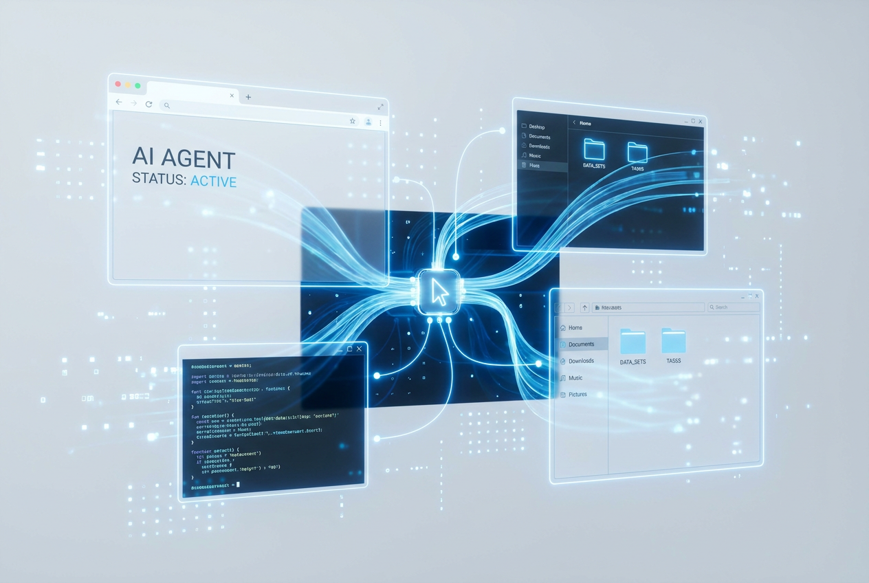 Representación conceptual de un escritorio virtual operando mediante un agente de IA autónomo con ventanas flotantes y flujos de datos digitales.