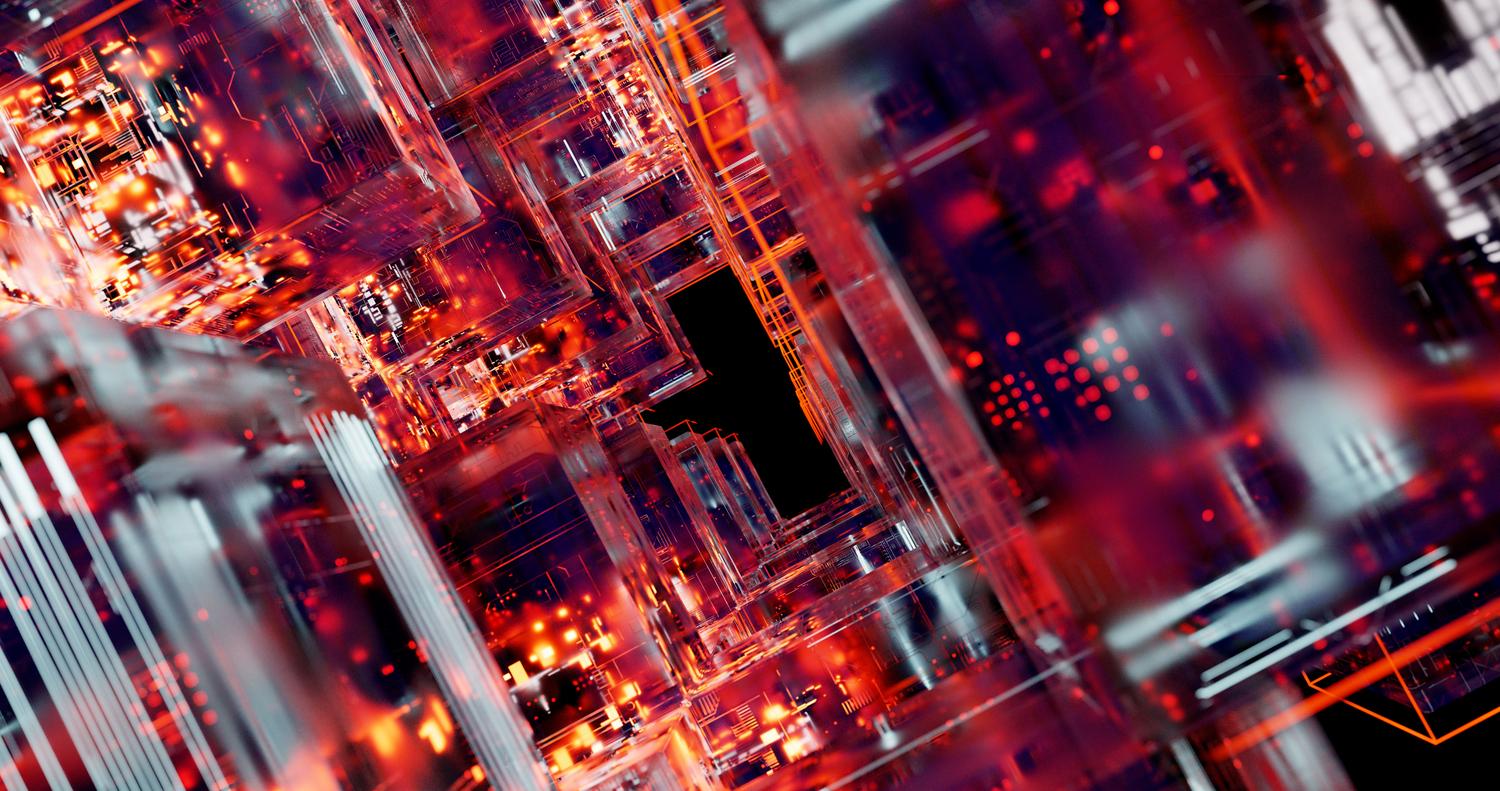 Representación abstracta de circuitos digitales futuristas con efectos de luz, ilustrando la NPU y las capacidades de IA.