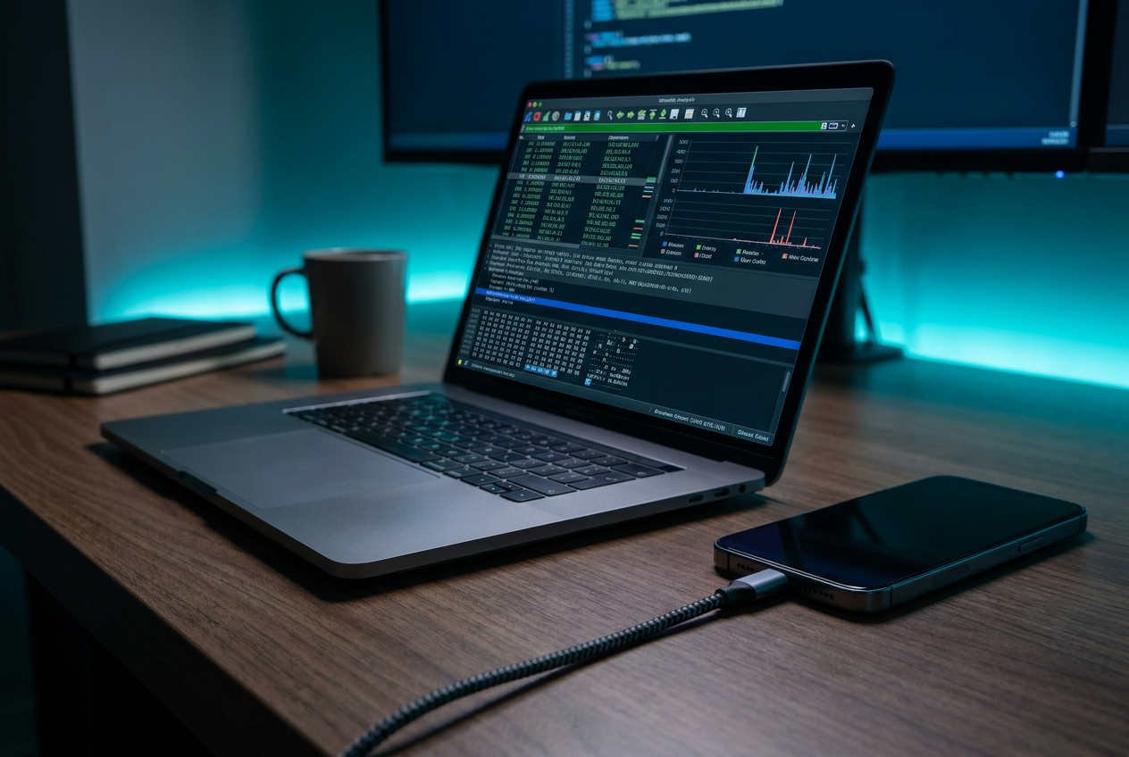 Espacio de trabajo profesional de un experto en ciberseguridad con un portátil analizando tráfico de red y un smartphone conectado para una auditoría.