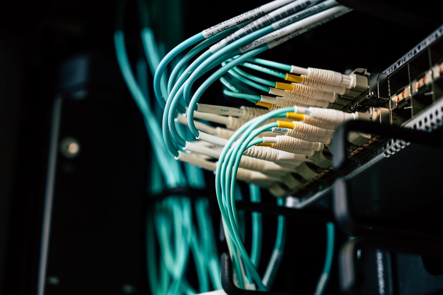 Cables de red conectados a un rack de servidores en un centro de datos.