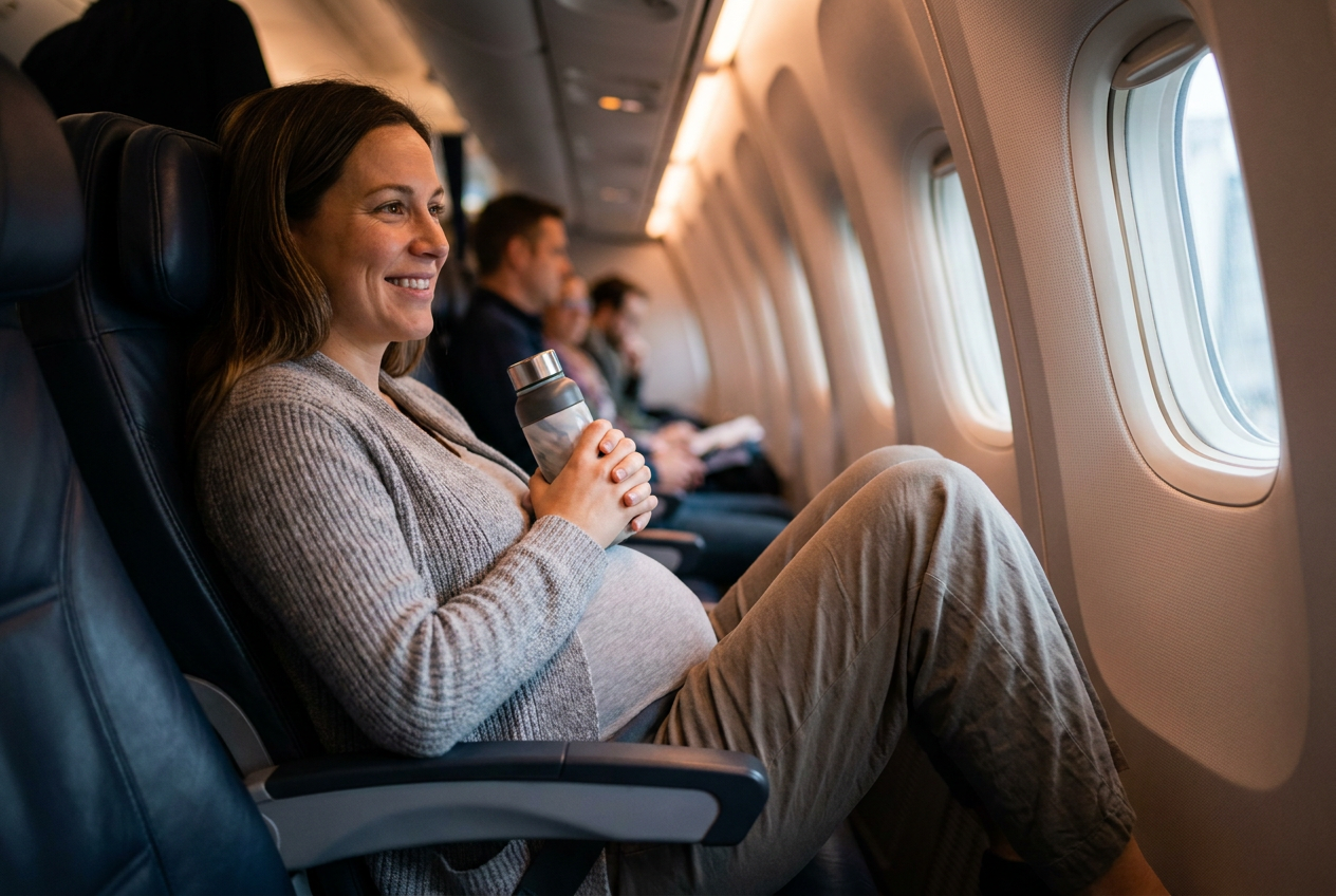 Mujer embarazada relajada en asiento de pasillo de avión bebiendo agua para mantenerse hidratada.
