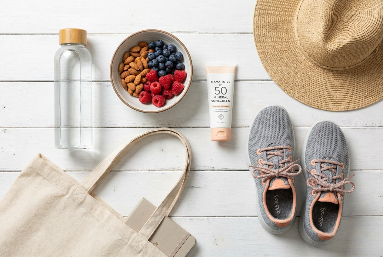 Kit esencial de viaje para embarazo: agua, snacks saludables, protector solar y calzado cómodo.