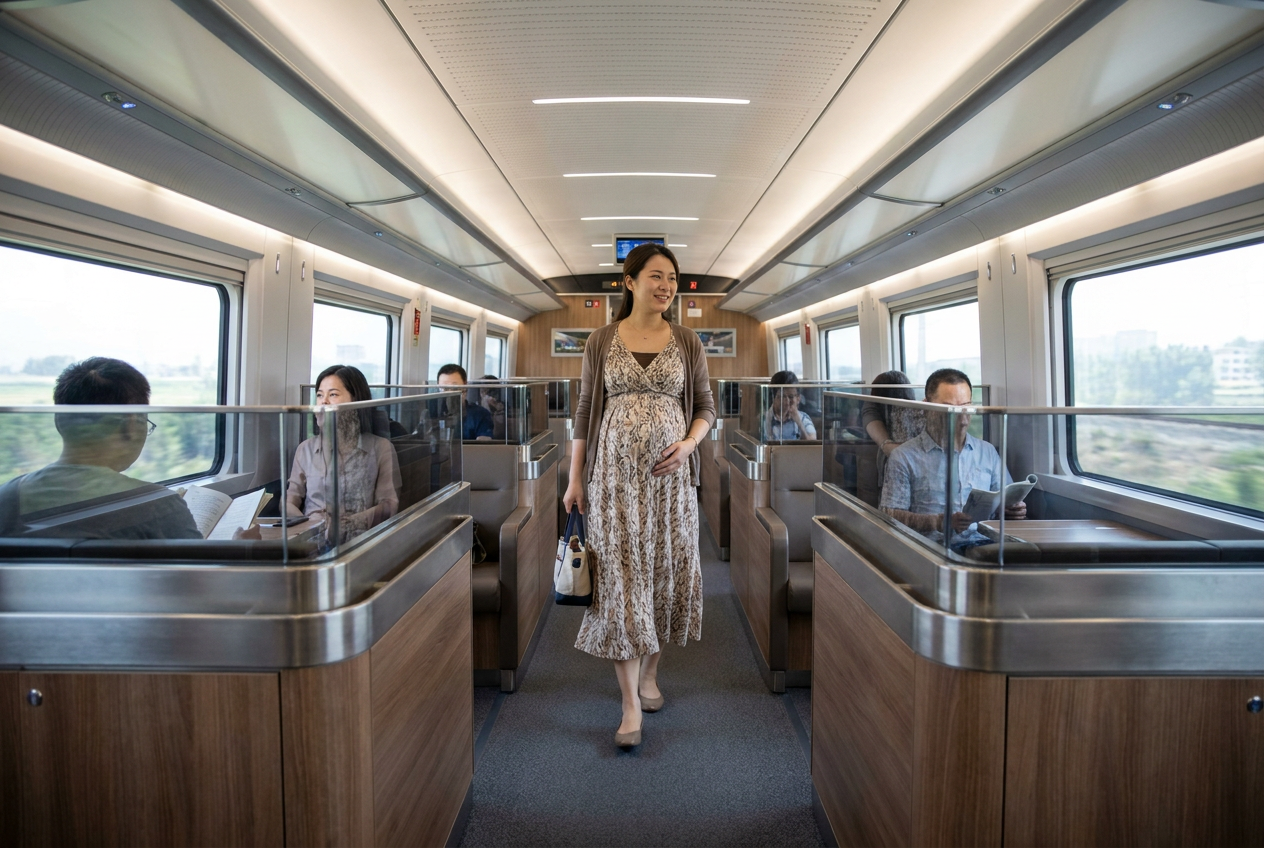 Mujer embarazada caminando cómodamente por el pasillo de un tren moderno.