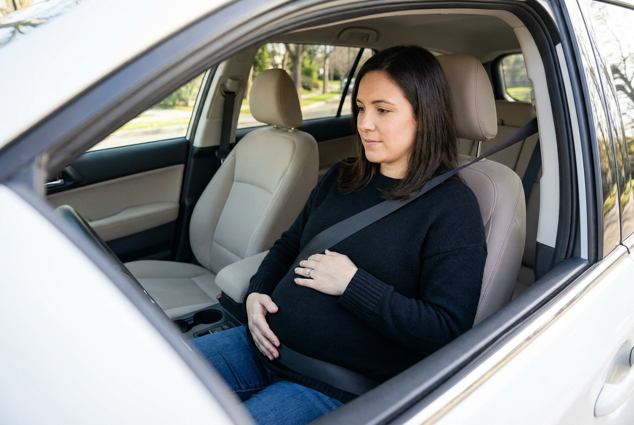 Primer plano de la colocación correcta del cinturón de seguridad para una mujer embarazada en un coche.