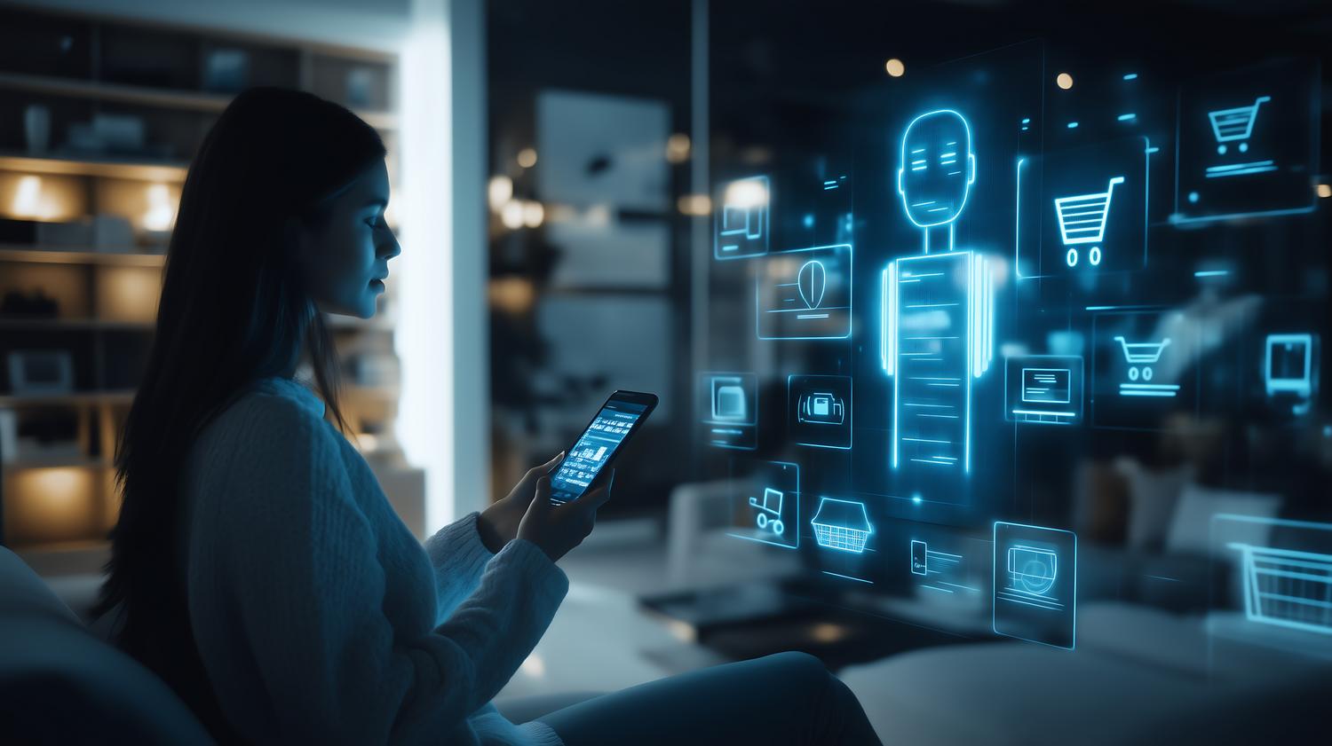 Mujer interactuando con un asistente virtual humanoide holográfico y paneles de datos de ecommerce