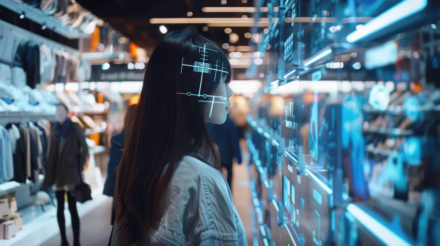 Interfaz de plataforma de comercio electrónico futurista con visualización de datos y carrito digital