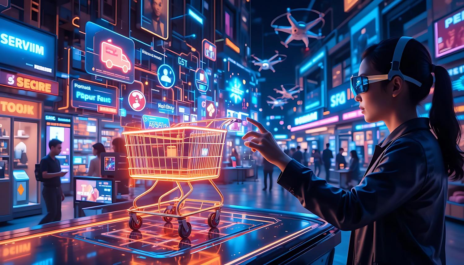Experiencia de compra inmersiva con gafas de realidad aumentada, carrito holográfico y drones de entrega