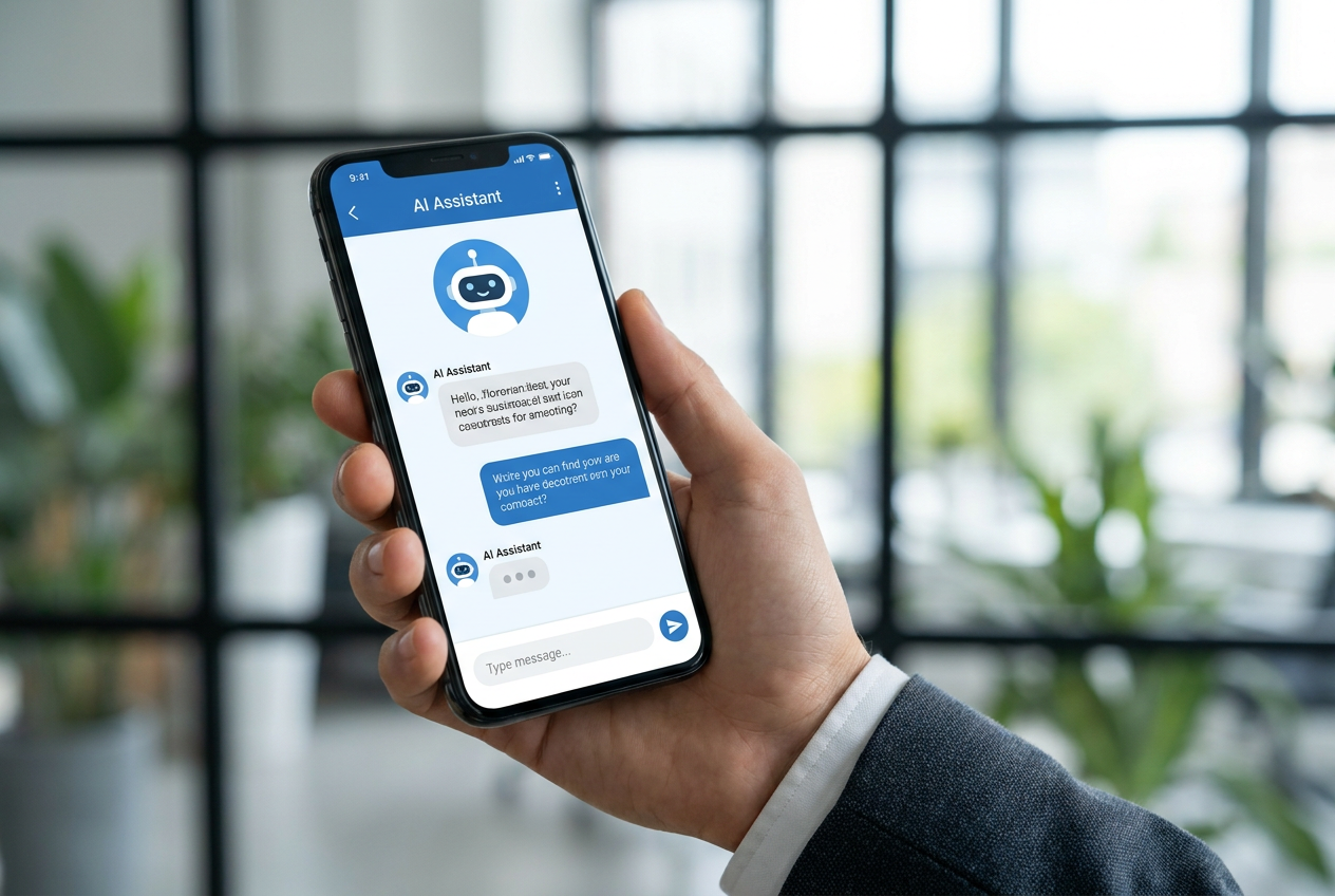 Primer plano de un smartphone mostrando una interfaz de chat con un asistente de IA profesional.