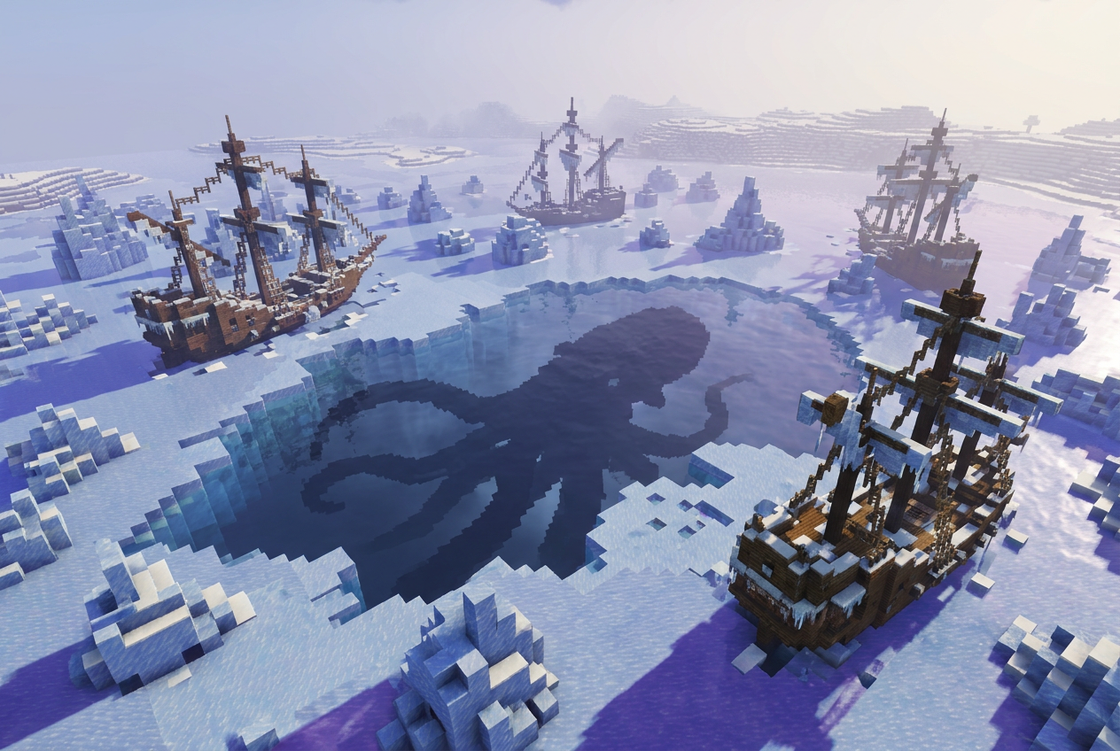 Mapa de Minecraft con un océano congelado, barcos atrapados en el hielo y la silueta de una criatura marina gigante.