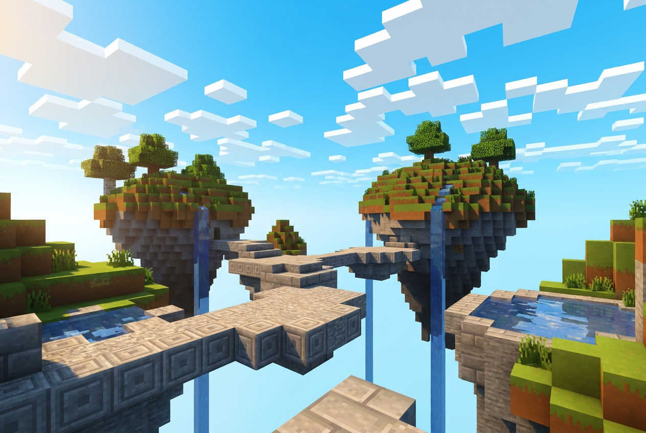 Plataformas geométricas de piedra suspendidas en el cielo para desafíos de parkour en Minecraft.