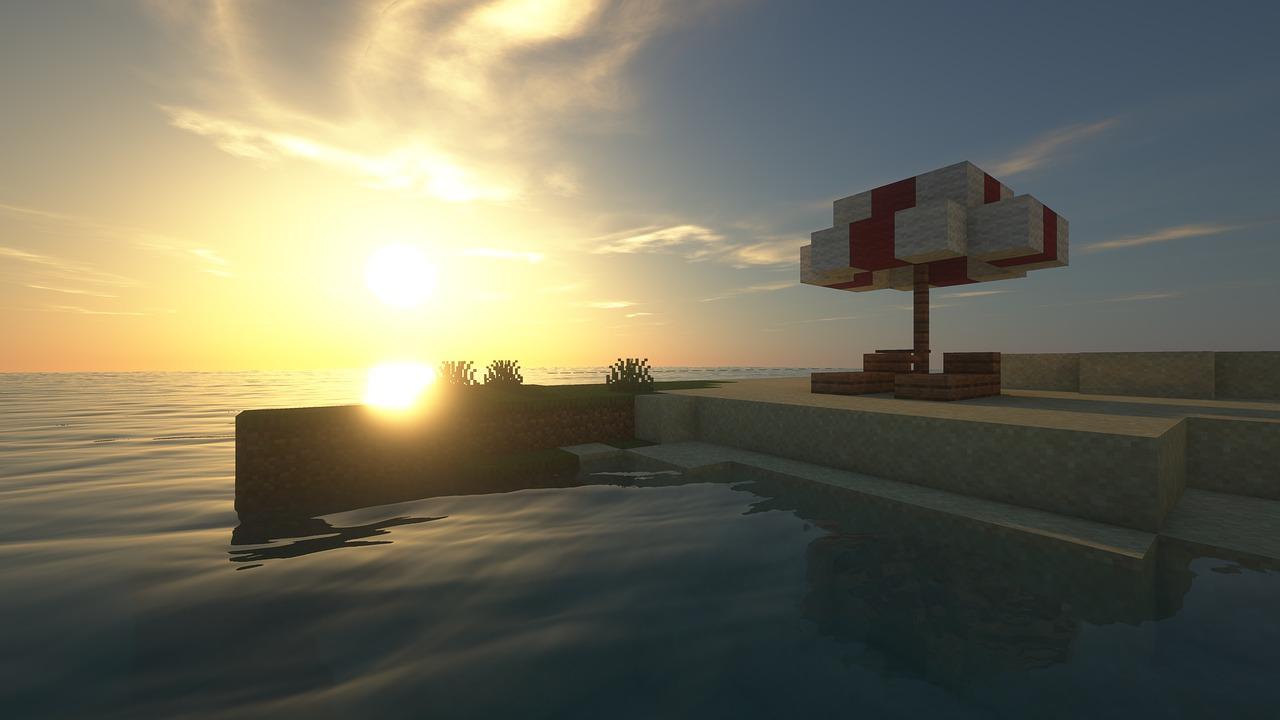 Vista costera de Minecraft con un amanecer dorado y una estructura arquitectónica estilizada.