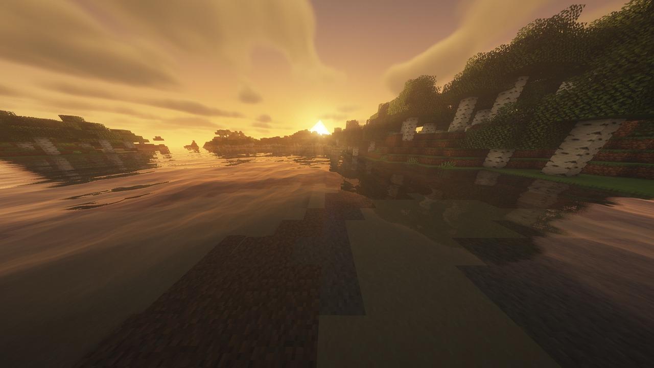 Paisaje natural de Minecraft durante el atardecer con shaders realistas y reflejos en el agua.