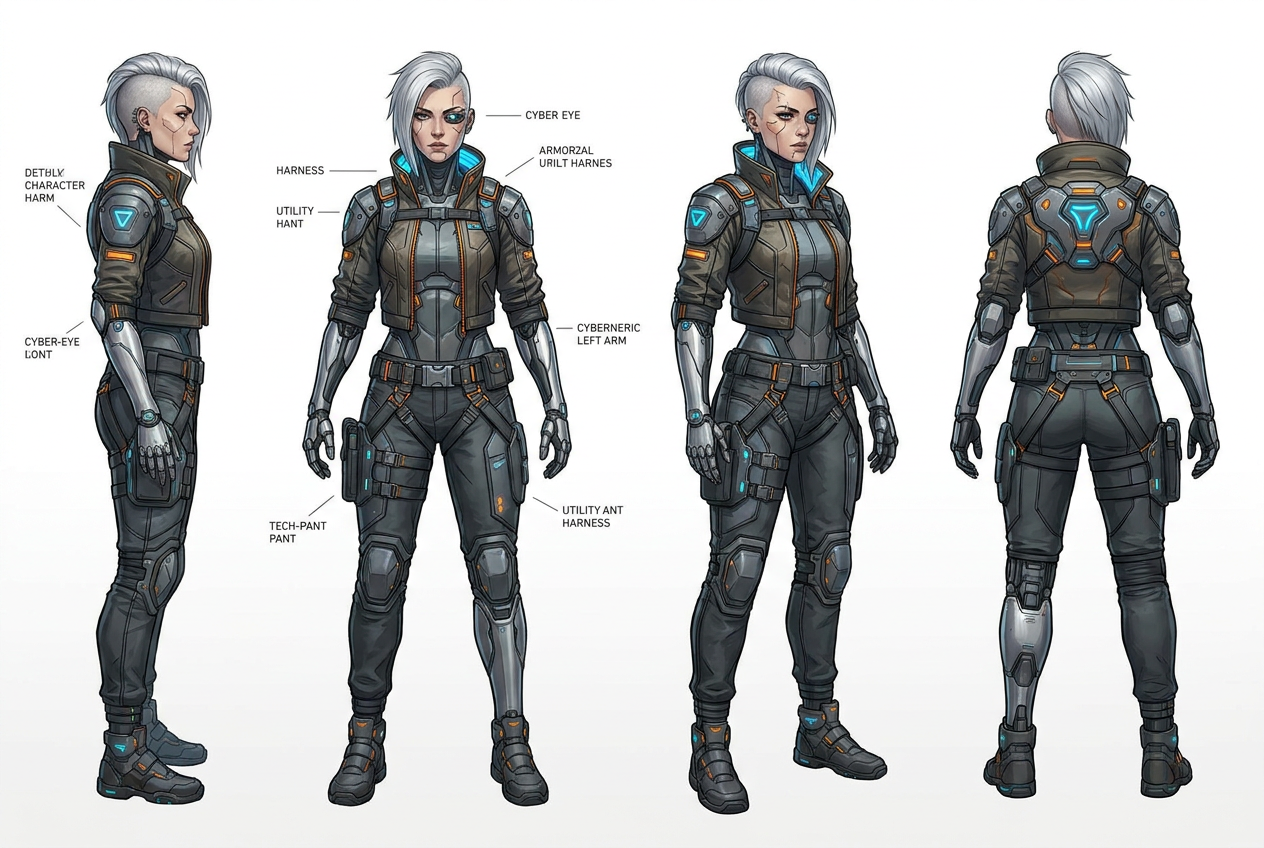 Hoja de referencia de personaje cyberpunk con consistencia visual en diferentes ángulos, ilustrando la capacidad de Nano Banana para mantener la continuidad.