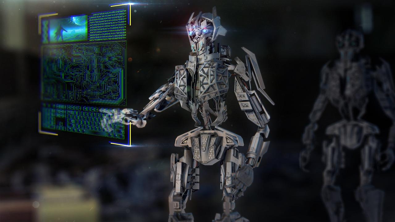 Robot humanoide futurista con interfaz holográfica en escena de ciencia ficción.