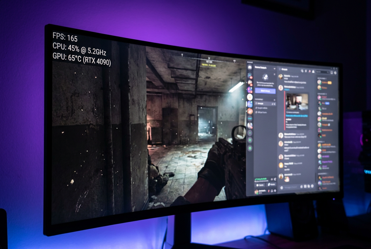Primer plano cinematográfico de un monitor gaming mostrando un videojuego con un overlay de rendimiento (FPS, CPU) y una ventana de chat de Discord, ilustrando el Modo Juego.