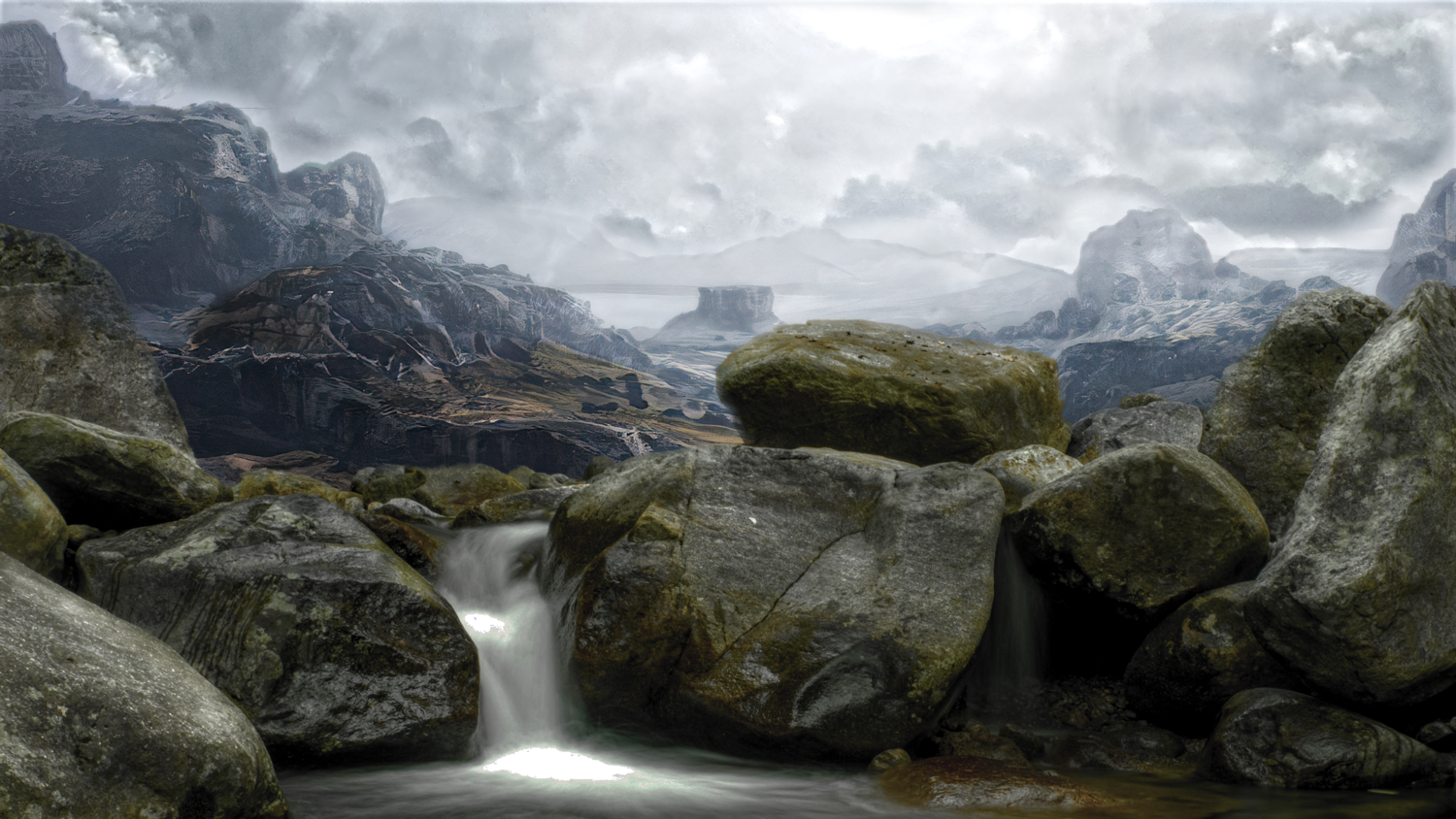 Majestic mountain landscape with a river and mist, evoking the spirit of exploration in the world of Teyvat.